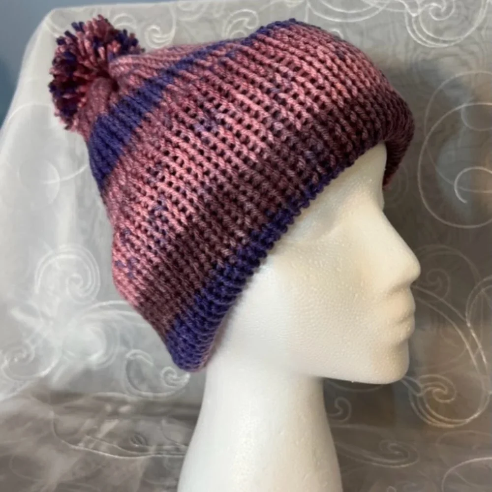 Handmade Hand knitted Purple/Pink/Brown Beanie  NEW - Picture 2 of 4